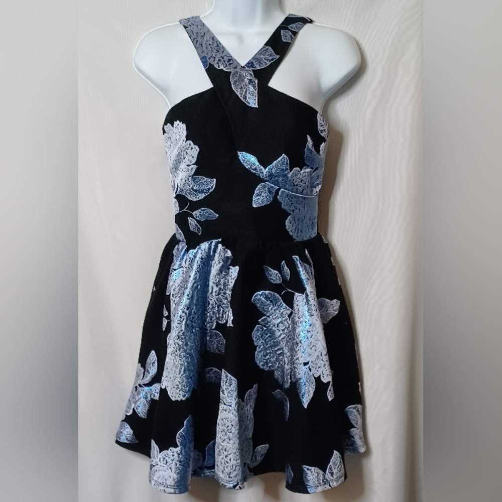 Miss Behave Girls Winona Fit & Flare Black and Blue Dress. 16